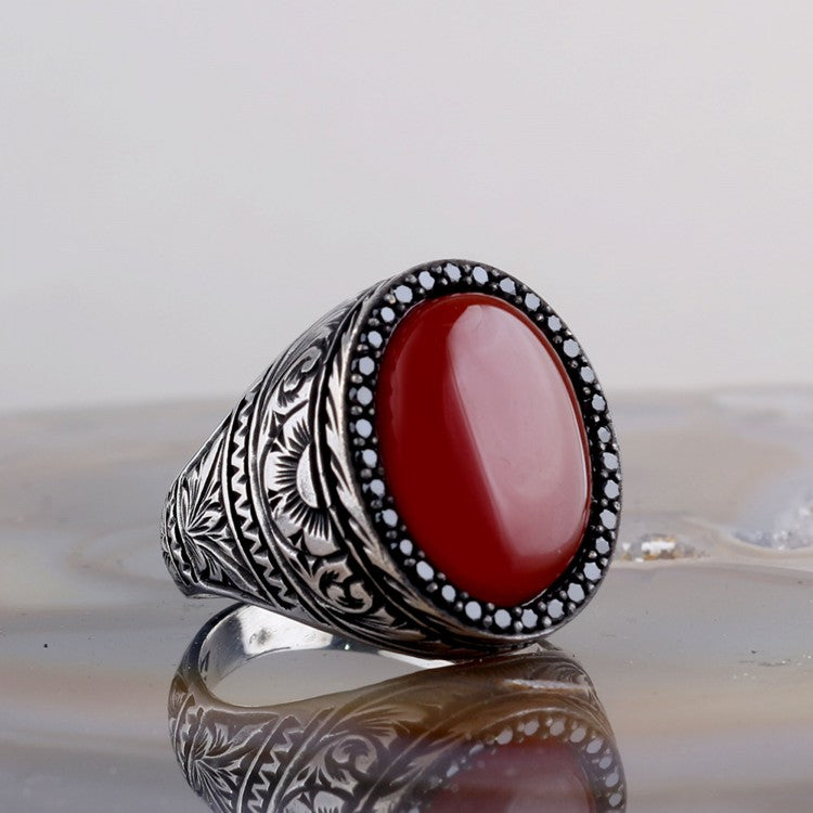 Oval Agate Stone 925 Sterling Silver Men's Ring