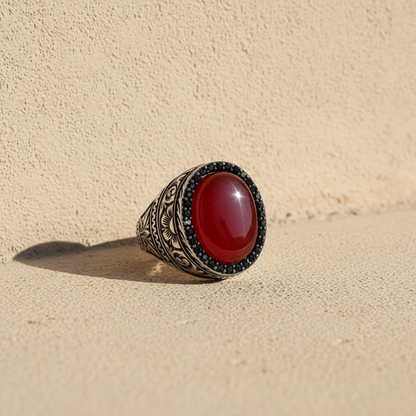 Oval Agate Stone 925 Sterling Silver Men's Ring