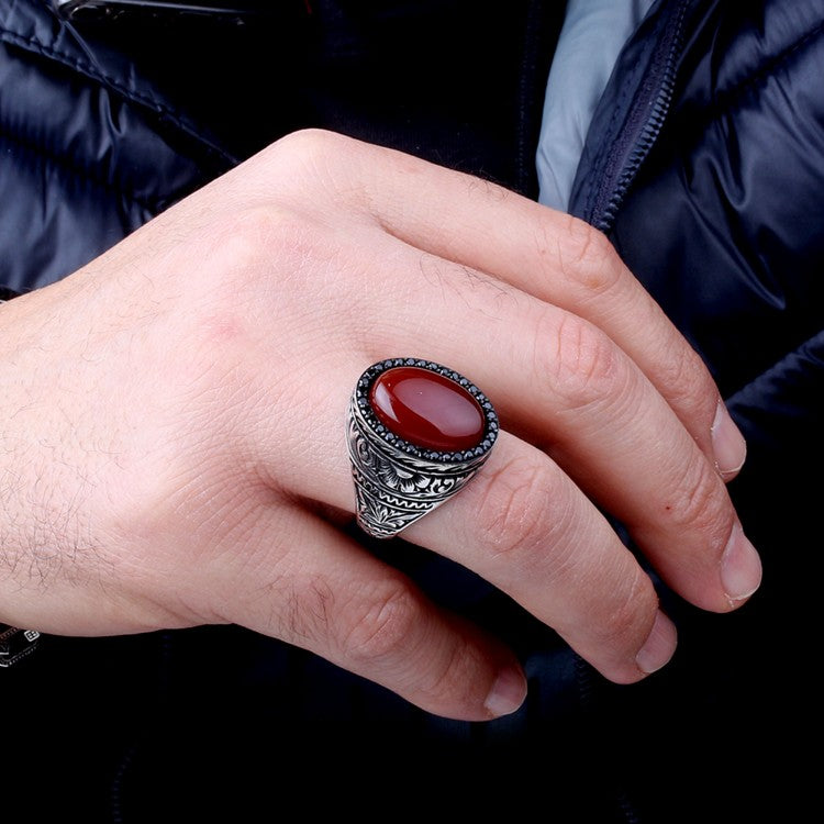 Anneau d'agate ovale 925 Bague d'hommes en argent sterling