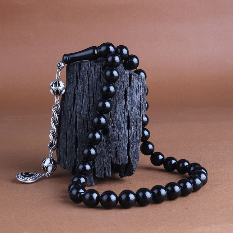 Crescent Star Black White Enamel Amber Tasbih | 925 Silver