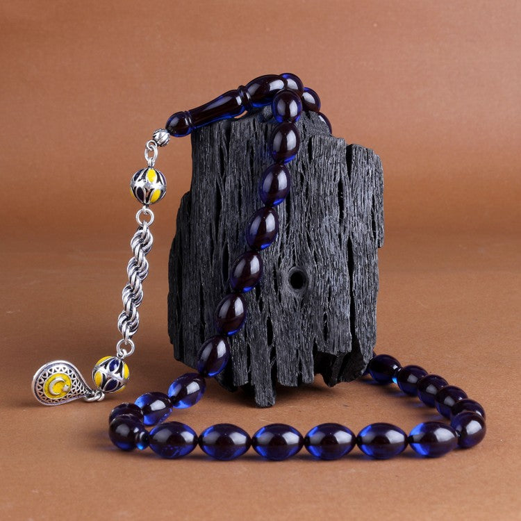 Yellow Blue Enamel Amber Tasbih | 925 Sterling Silver