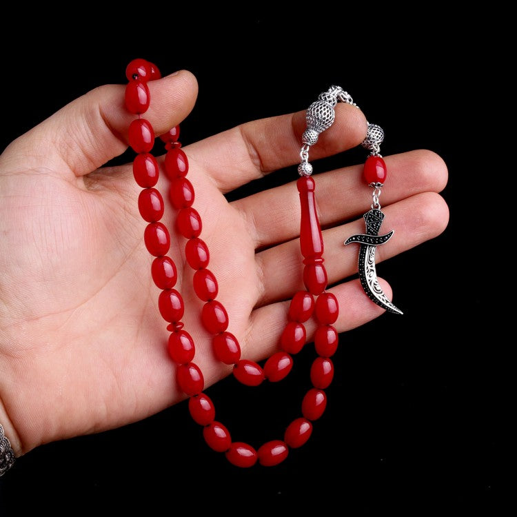 925 Ayar Gümüş Püsküllü Bordo Ateş Kehribar Hz. Ali Tesbih