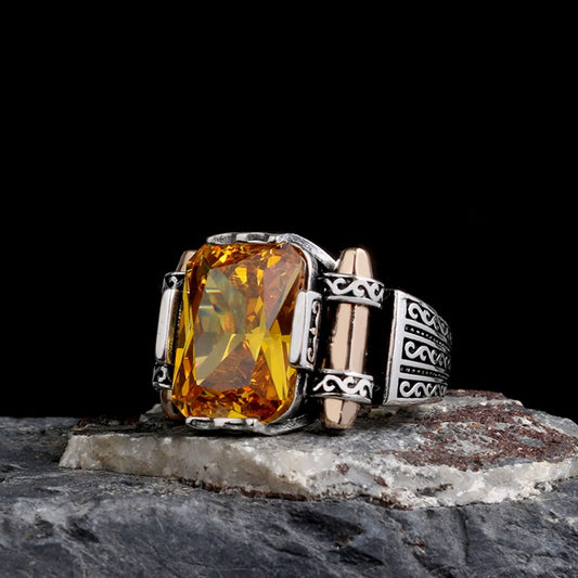 925 Anneau masculin de modèle en pierre de zircon jaune en argent sterling en argent sterling