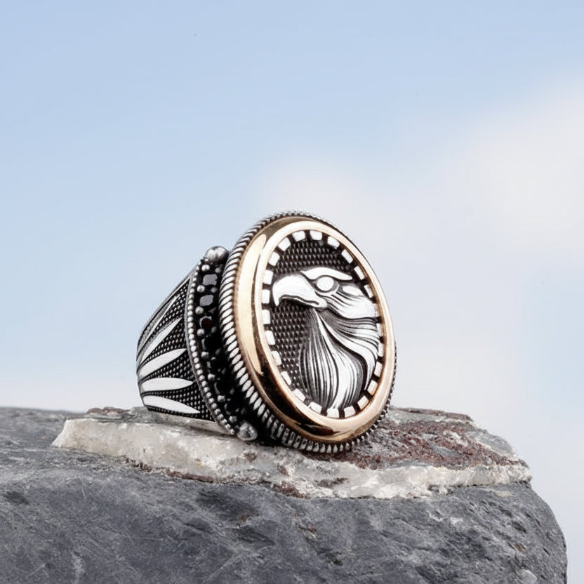 Men's ring with micro stone with eagle motif - 925 sterling silver