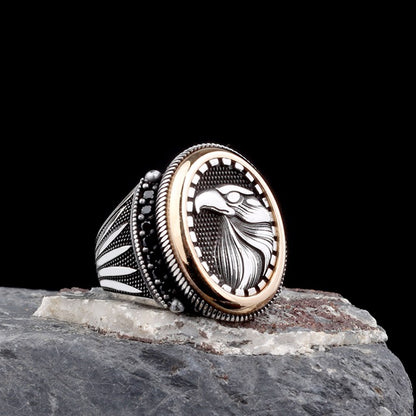 Men's ring with micro stone with eagle motif - 925 sterling silver