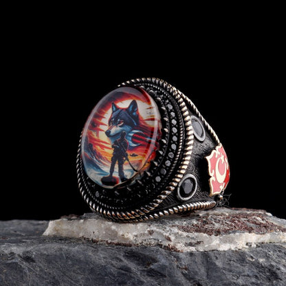 925 Sterling Silver Ayyıldız Soldier Wolf Model Men Ring