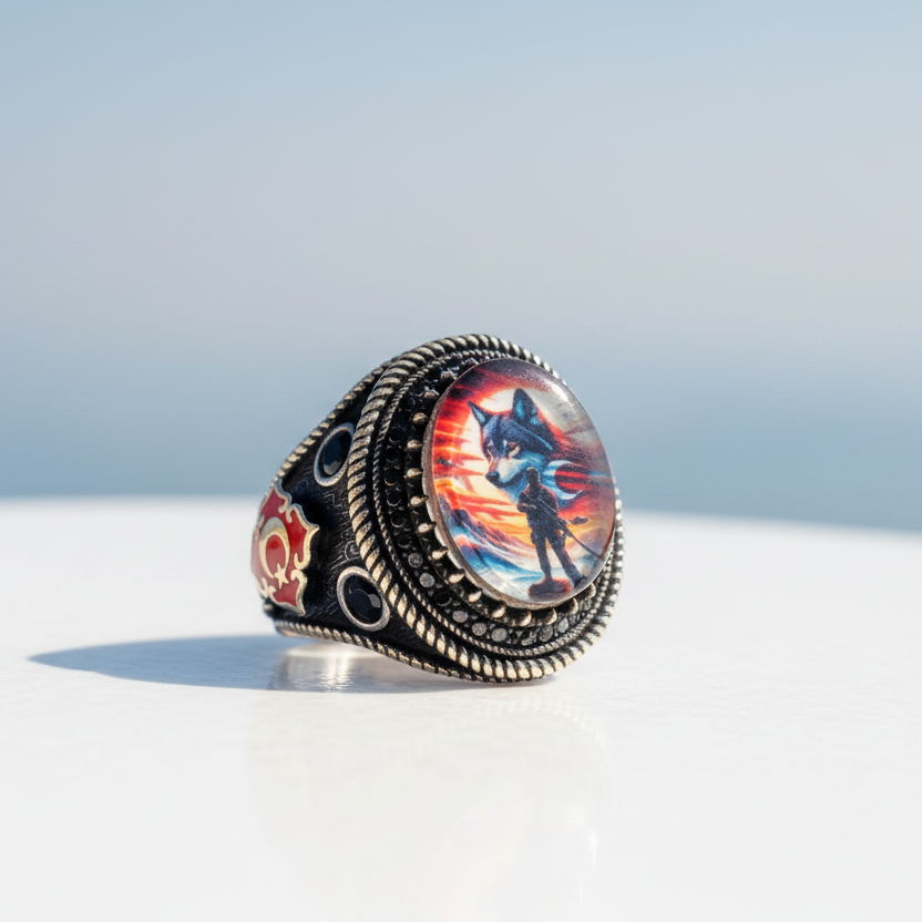 Herrenring mit 925er Silber, Halbmond-Stern & Wolf Design
