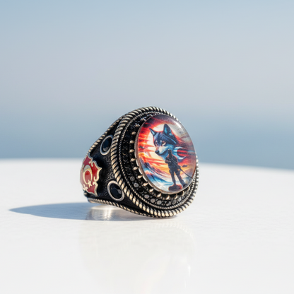 Herrenring mit 925er Silber, Halbmond-Stern & Wolf Design
