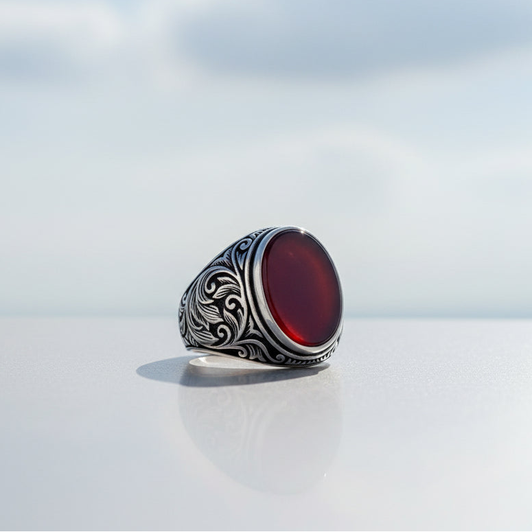 Agate Stone Pen Processing 925 Sterling Silver Men Ring