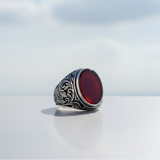 Agate Stone Pen Processing 925 Sterling Silver Men Ring