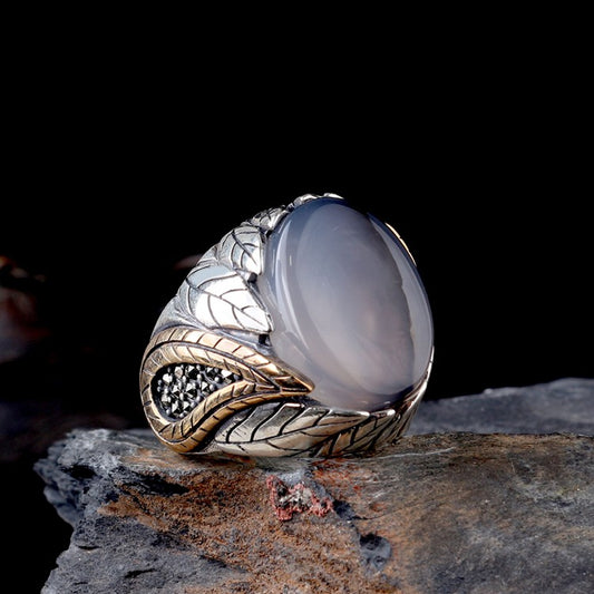 Yémen Agate Stone Leaf Motif 925 Bague pour hommes en argent sterling