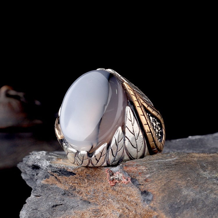 Jemen Achat Steinblattmotiv 925 Sterling Silber Herrenring