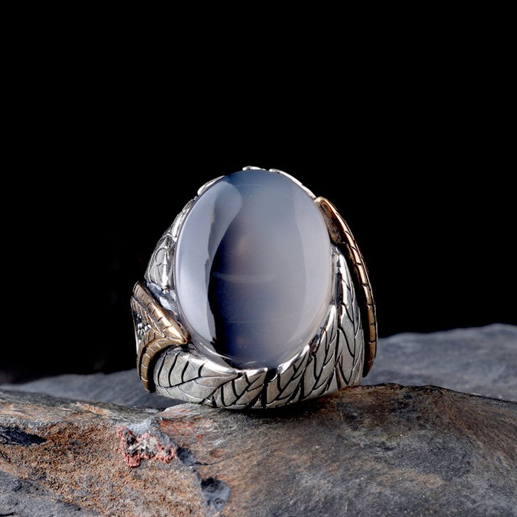 Yemen Agate Stone Leaf Motif 925 Sterling Silver Men's Ring