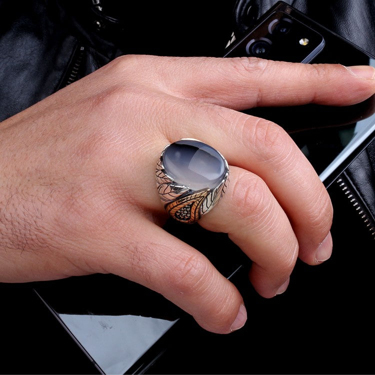 Yemen Agate Stone Leaf Motif 925 Sterling Silver Men's Ring