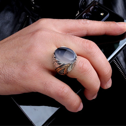 Yemen Agate Stone Leaf Motif 925 Sterling Silver Men's Ring
