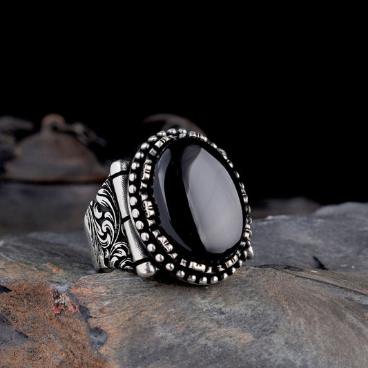 Ovale Onix Stone 925 Bague d'hommes en argent sterling