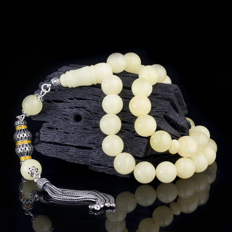 Saf Sarı – 925 Ayar Gümüş Püsküllü Kehribar Tesbih