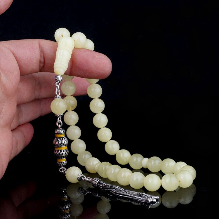 Saf Sarı – 925 Ayar Gümüş Püsküllü Kehribar Tesbih