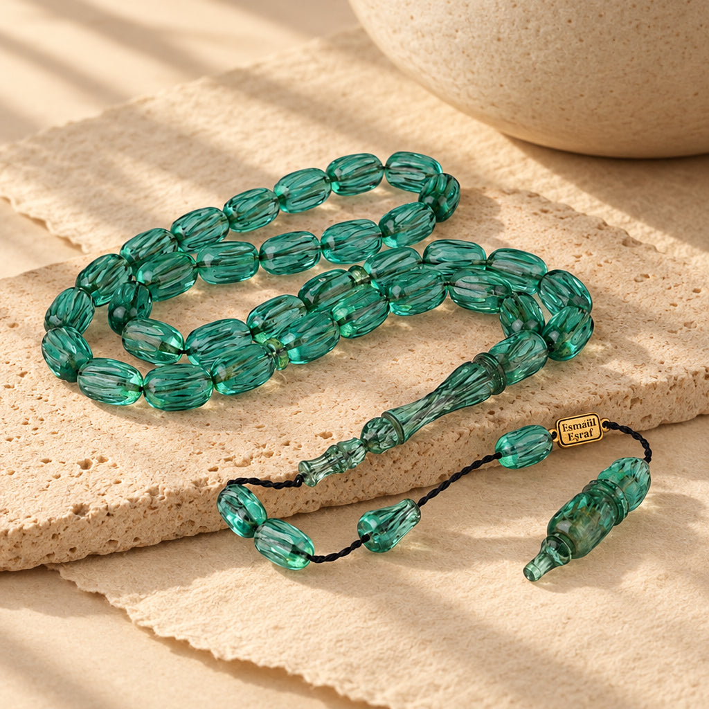 Aqua Green Engraved Amber Tasbih | Systemli Design