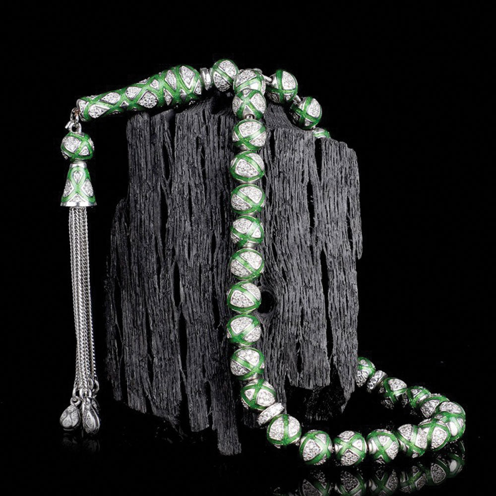 Green Enamel Zircon Stone 925 Sterling Silver Rosary