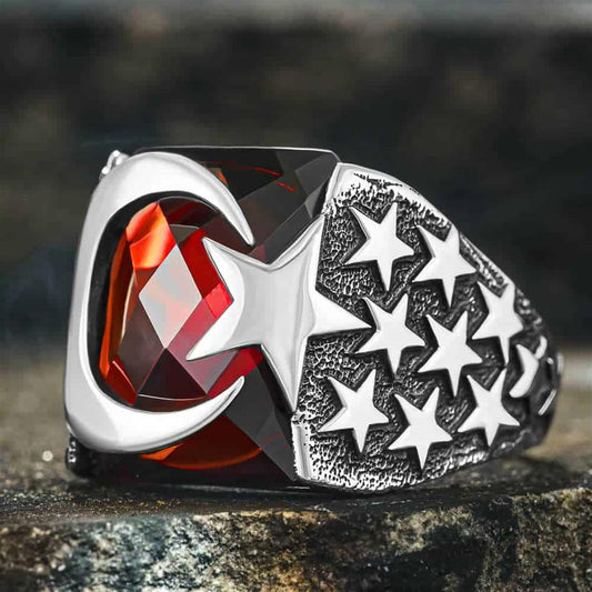 Bague en argent avec pierre rouge, étoile de lune