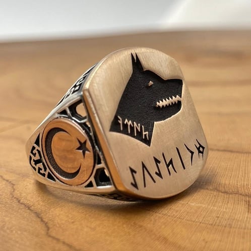 Bague en argent Bozkurt écrite en Gokturk personnalisée