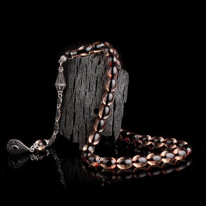 Gebetskette aus Feuerbernstein mit 925er Silberquaste & Zirkonstein – Spezialfarbe