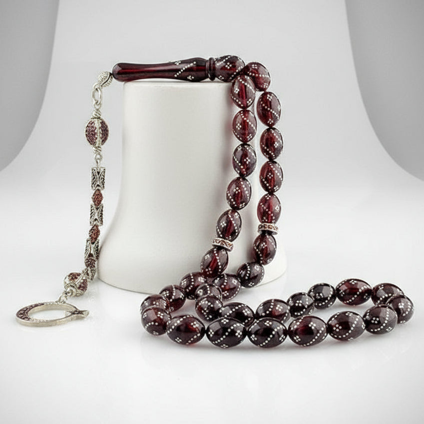 Zirkon Taş Püsküllü Ay Yıldız Ateş Kehribar Tesbih