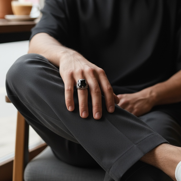 Black Zircon Stone Men's Silver Ring