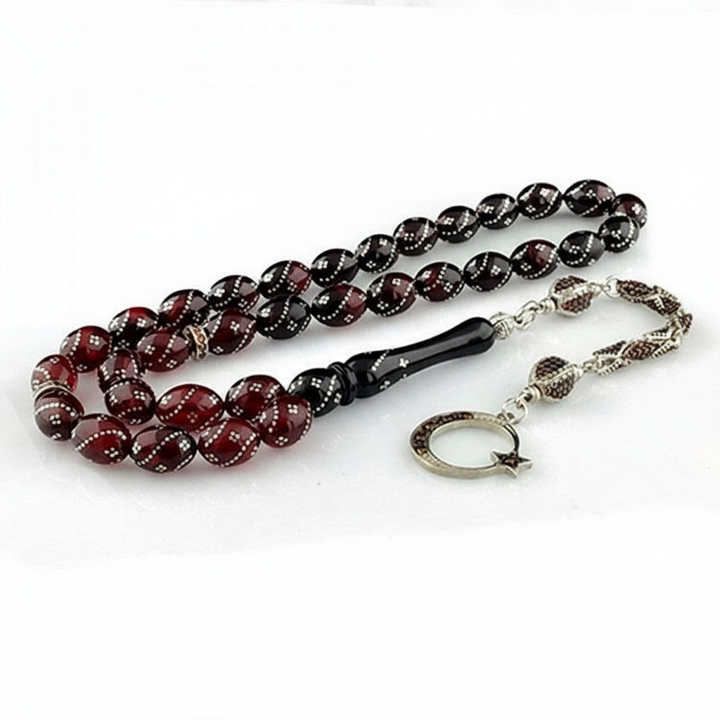 Zirkon Taş Püsküllü Ay Yıldız Ateş Kehribar Tesbih