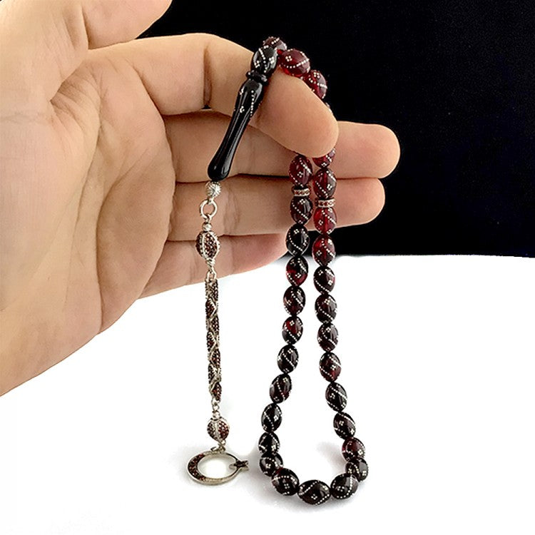 Zirkon Taş Püsküllü Ay Yıldız Ateş Kehribar Tesbih