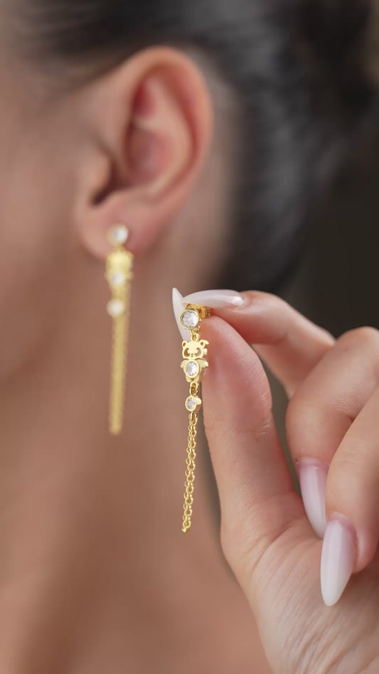 Sallantılı Zincirli Panda Küpe - 925 Ayar Gümüş