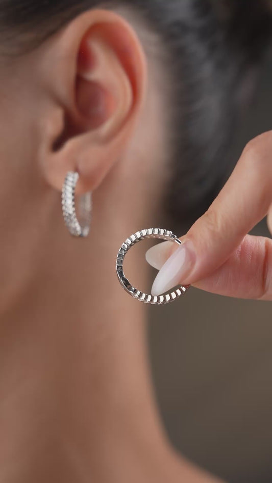 Boucle d'oreille créole en argent sterling 925 avec pierre baguette