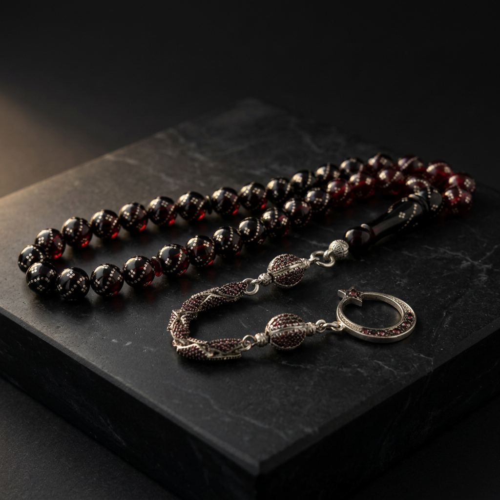 Black Red Süzme Amber Crescent Star Tasbih | 925 Silver