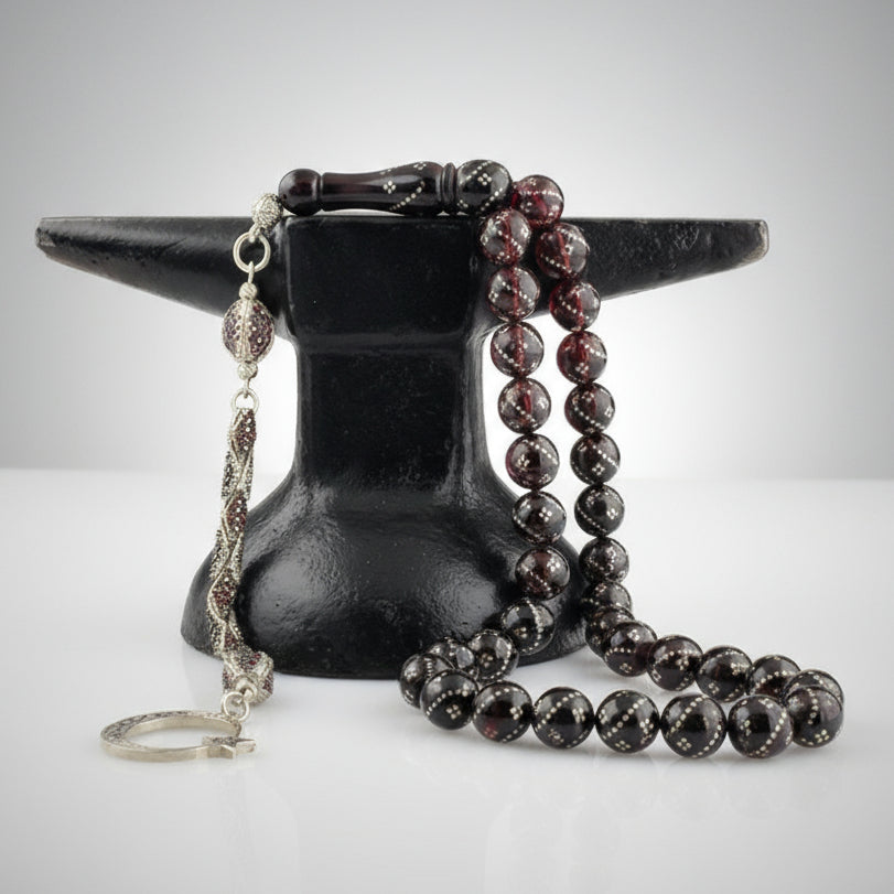 Rosenkranz aus Zirkonstein, Halbmond und Stern, Feuer-Bernstein-Modell