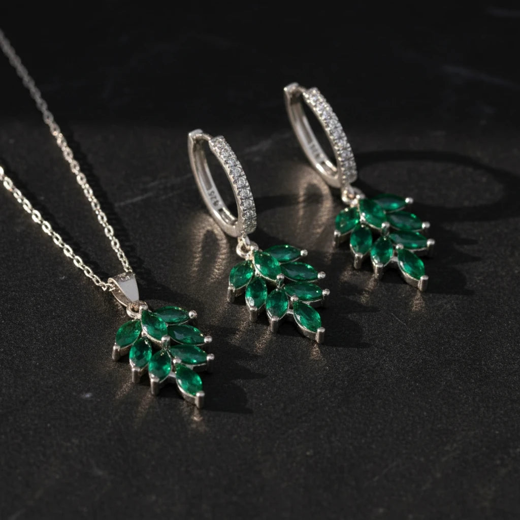 925 Sterling Silver Emerald Green Necklace Earrings Jewelry Set
