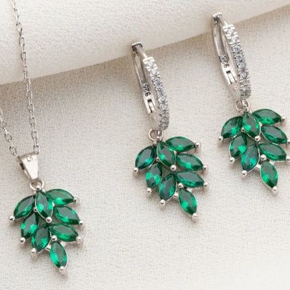 925 Sterling Silver Emerald Green Necklace Earrings Jewelry Set